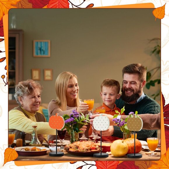 3Pcs Fall Thanksgiving Orange White Brown Pumpkin Reversible Wood Tall decor - Picture 3 of 7